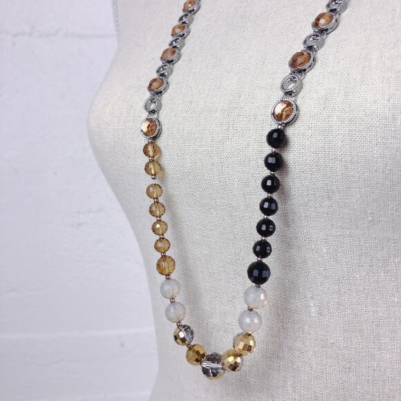 Glass Bead Long Necklace 37" Silver Tone Champagne Crystals - Picture 11 of 11